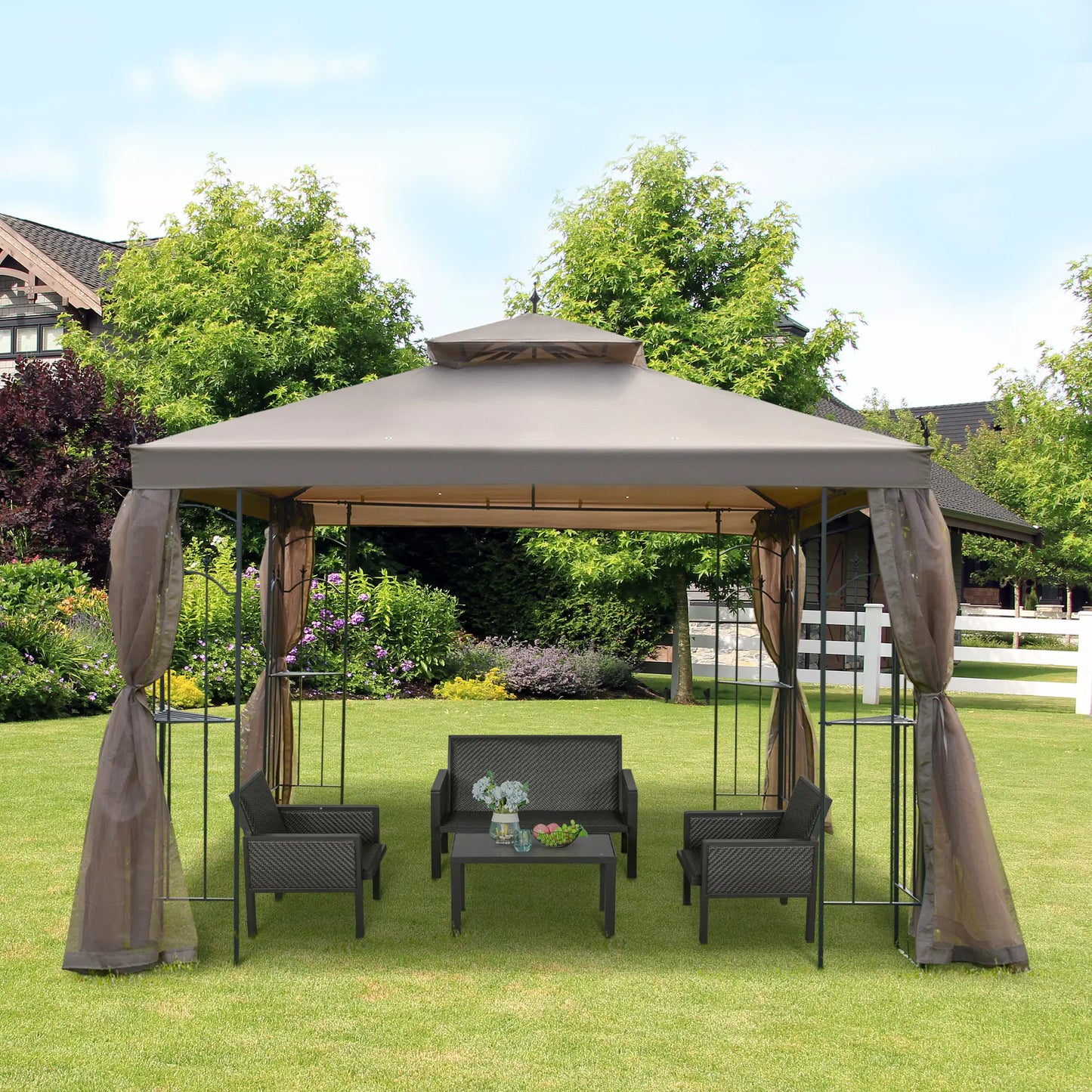 10' x 10' Steel Patio Gazebo, Removable Mesh Curtains, Brown Gazebos at Gallery Canada