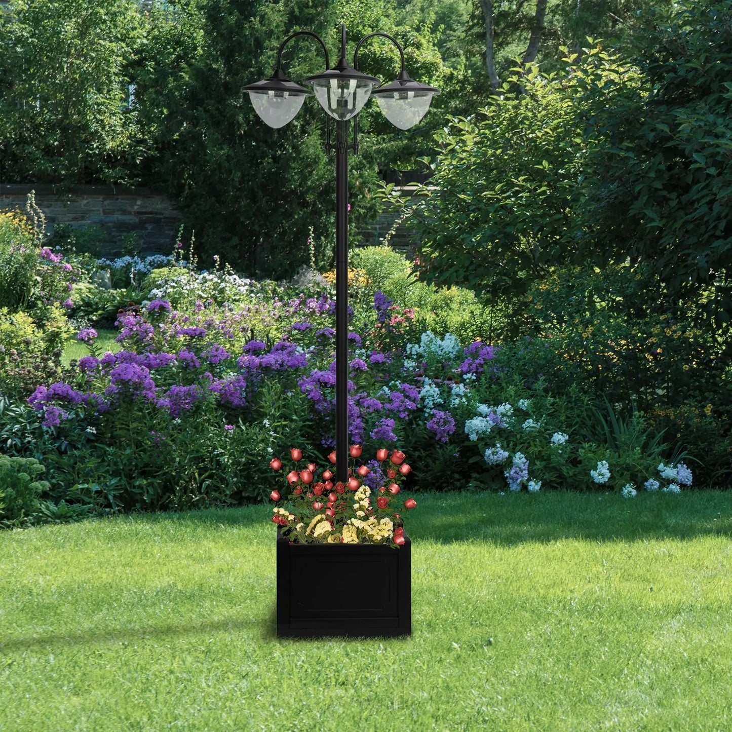 3-Head LED Solar Light, Street Light Post with Planter, Black Solar Post Lamps at Gallery Canada