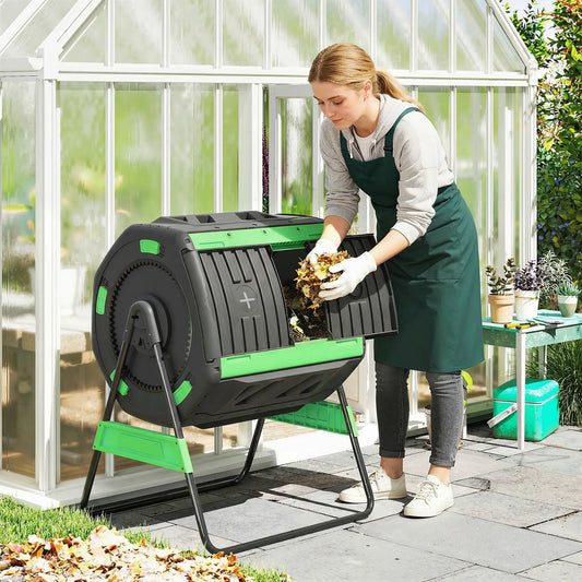 53 Gal Dual Chamber Tumbling Composter, Adjustable Vents, BPA Free, Green