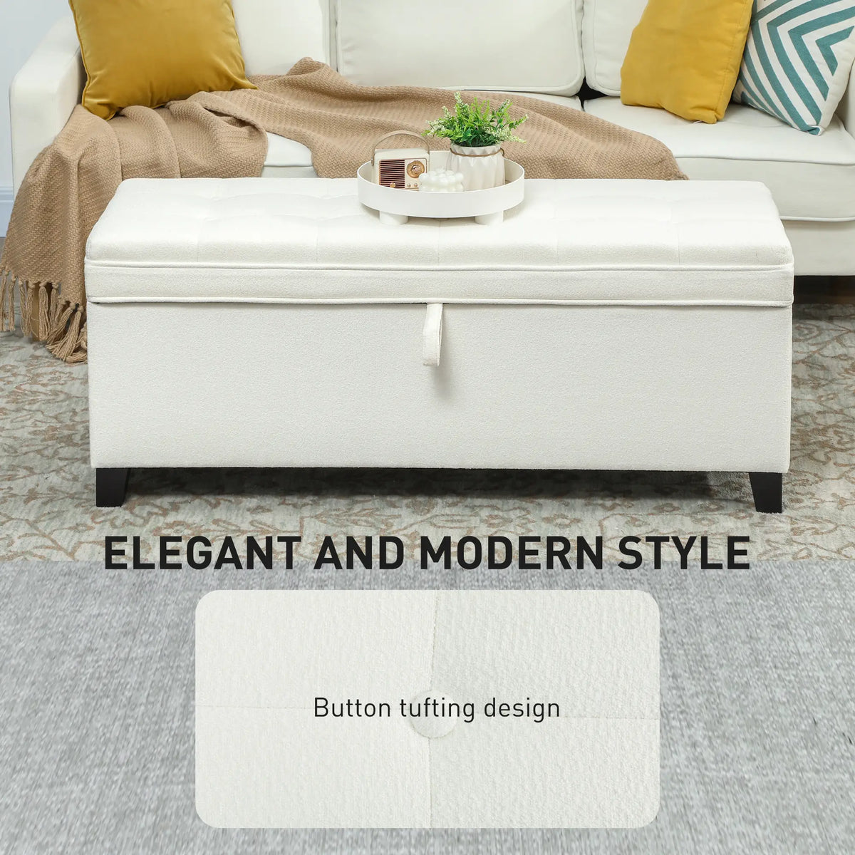 Storage Ottoman Bench, Foot Rest, 47 Inches, Cream White Storage Ottomans & Benches at Gallery Canada