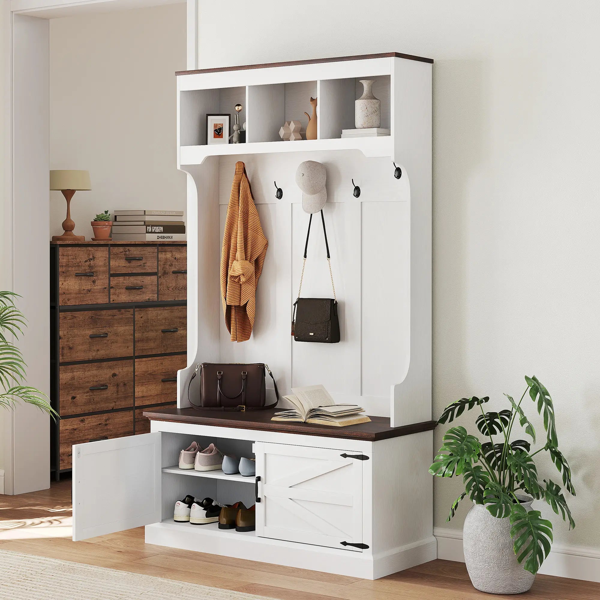3-in-1 Hall Tree, Bench, Coat Rack with Shoe Storage, White Wood Grain, White Clothing Storage at Gallery Canada