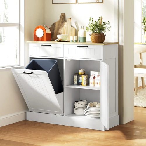 Hidden Garbage Bin Cabinet, Tilt Out Trash, 2 Drawers, White