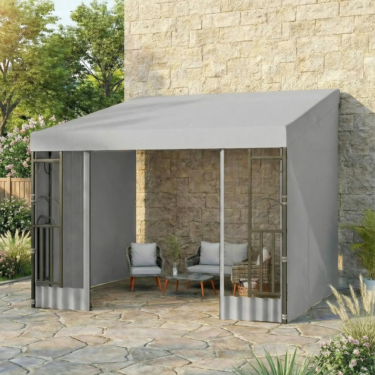 10' x 10' Light Grey Wall Pergola, Outdoor Gazebo with Curtains, Netting, Light Grey Pergolas at Gallery Canada