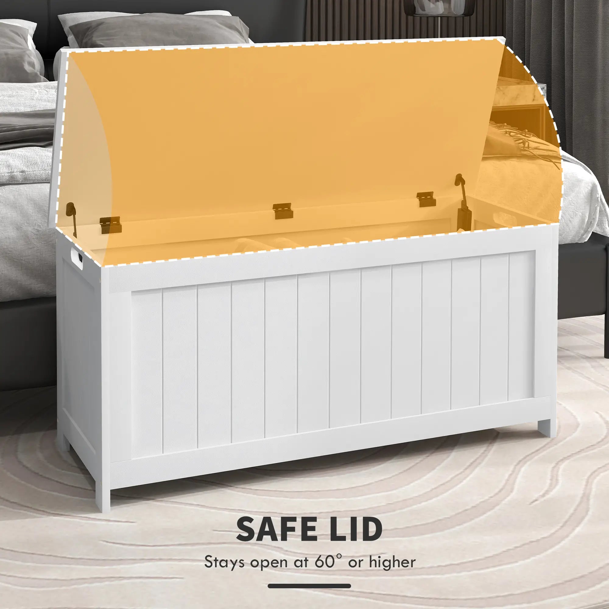 White Storage Trunk with Safety Hinges, Entryway Bench, Side Handles, White Storage Ottomans & Benches at Gallery Canada