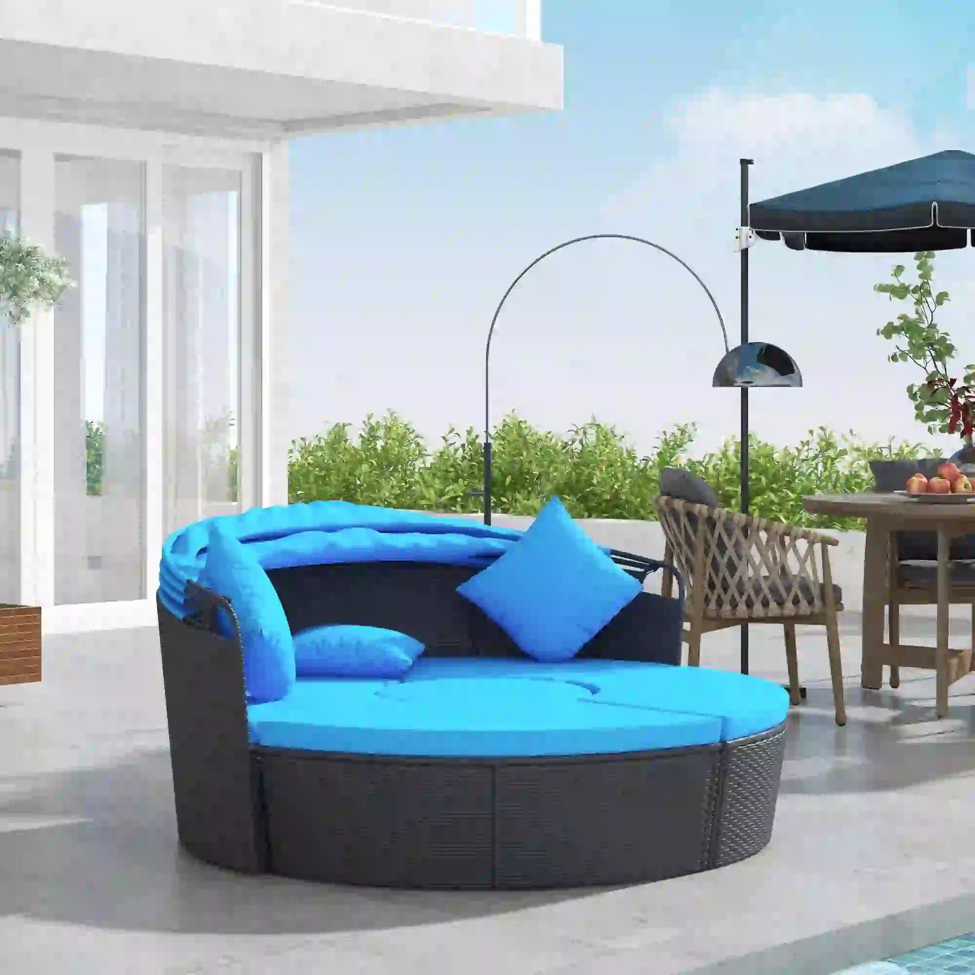 4-Piece Round Sofa Bed, Outdoor Daybed, Retractable Canopy, PE Rattan Daybeds at Gallery Canada