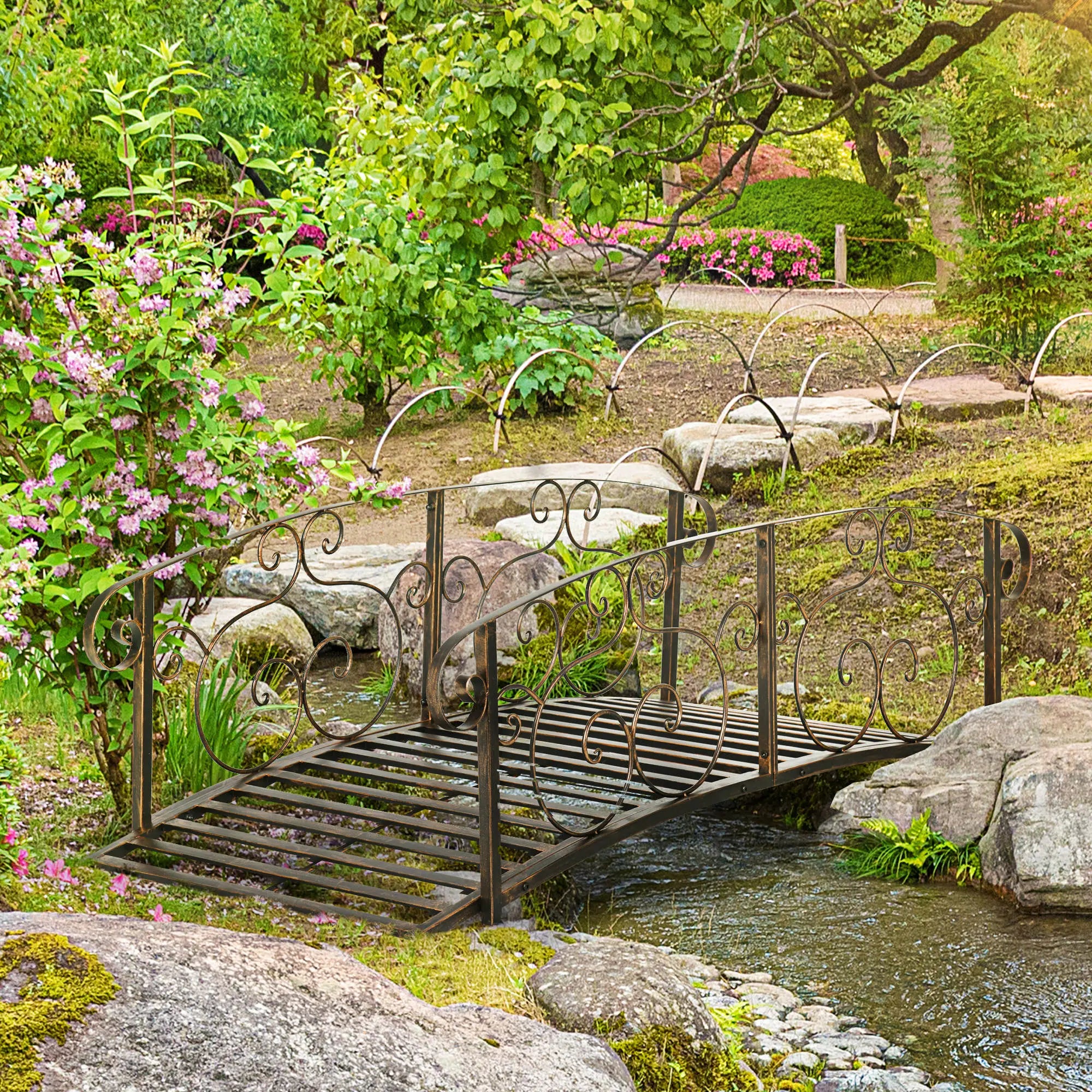 6FT Steel Garden Bridge, Decorative Arc Landscaping Bridge, Brown Garden Bridges at Gallery Canada