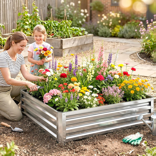 4' x 4' x 1' Galvanized Steel Raised Garden Bed, Vegetables, Flowers, Herbs, Silver