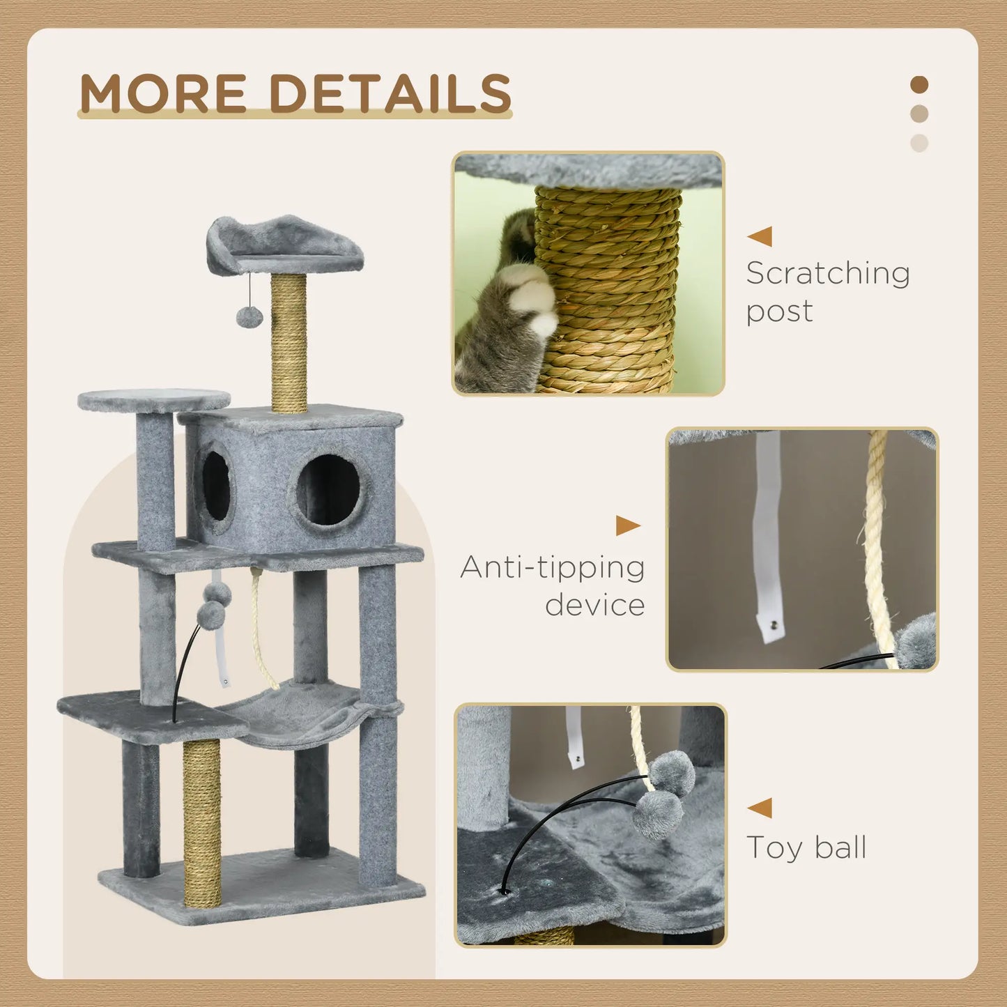 54" Cat Tree for Large Cats, Hammock, Scratching Post, Condo, Grey Cat Towers at Gallery Canada