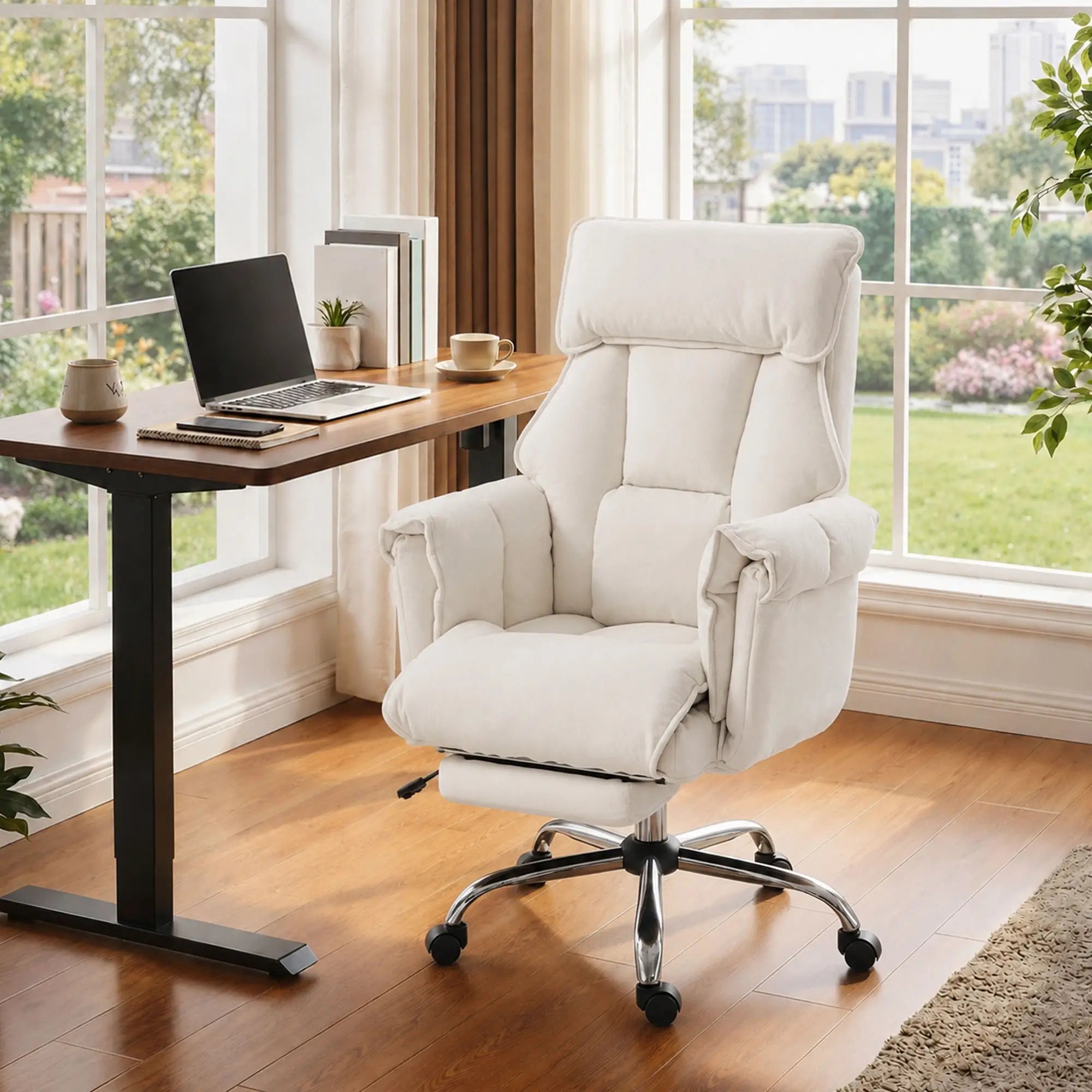 Desk Chair With Footrest, Adjustable Backrest, Cream White, Cream White Executive & Manager Chairs at Gallery Canada