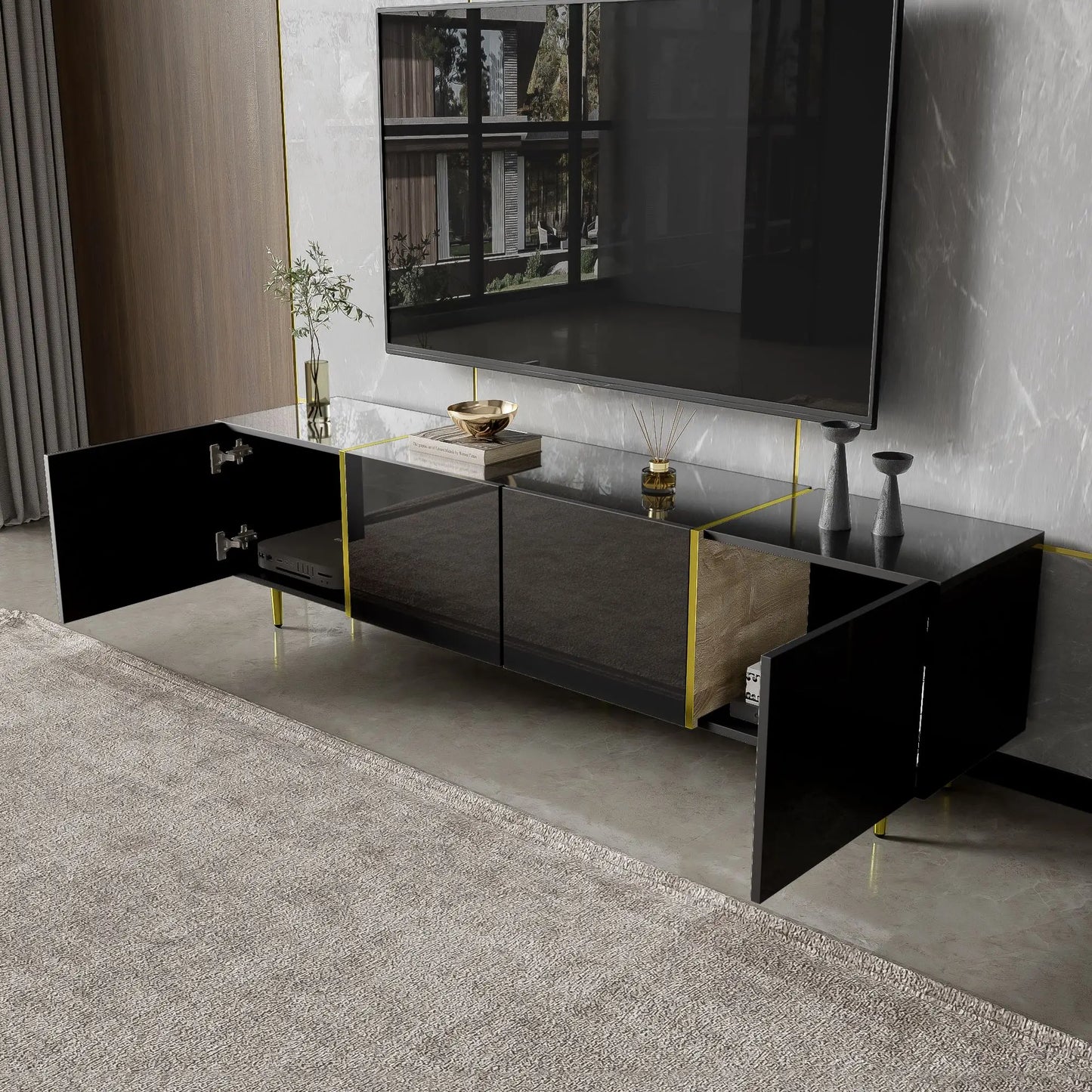Modern TV Stand, 4 Doors, Soft-Close Hinges, 67" L x 13.5" W x 18" H, Black TV Stands at Gallery Canada
