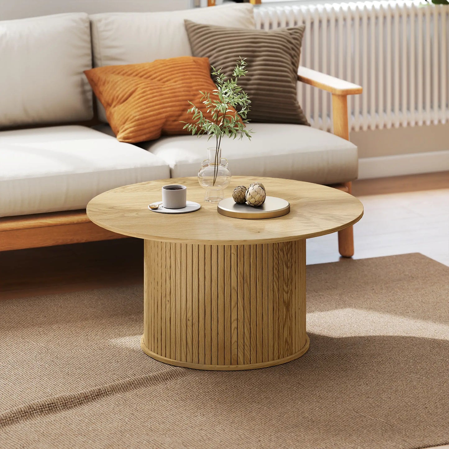 31.5 Inch Round Coffee Table, Nordic Style, Oak Coffee Tables at Gallery Canada