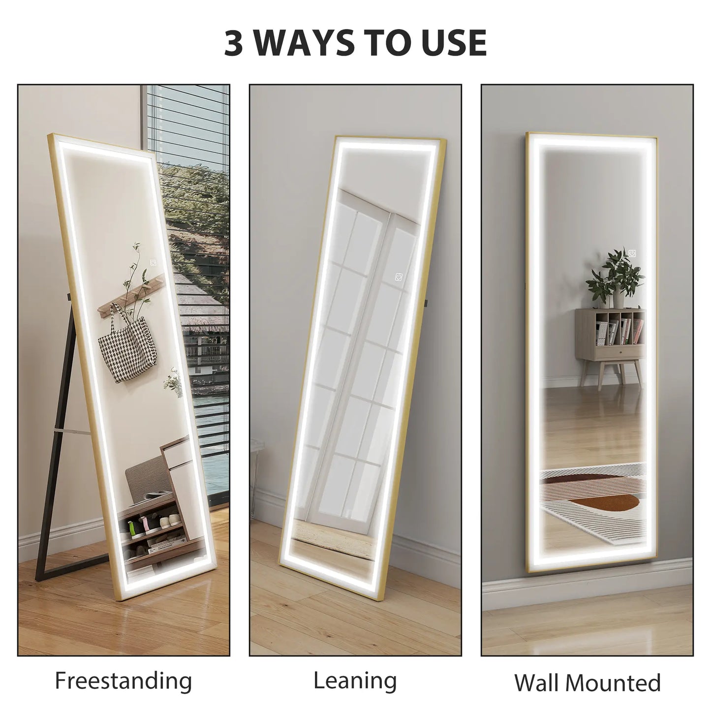 LED Mirror with Dimmable 3 Color Lights, 64" x 21", Gold Full Length Mirrors at Gallery Canada