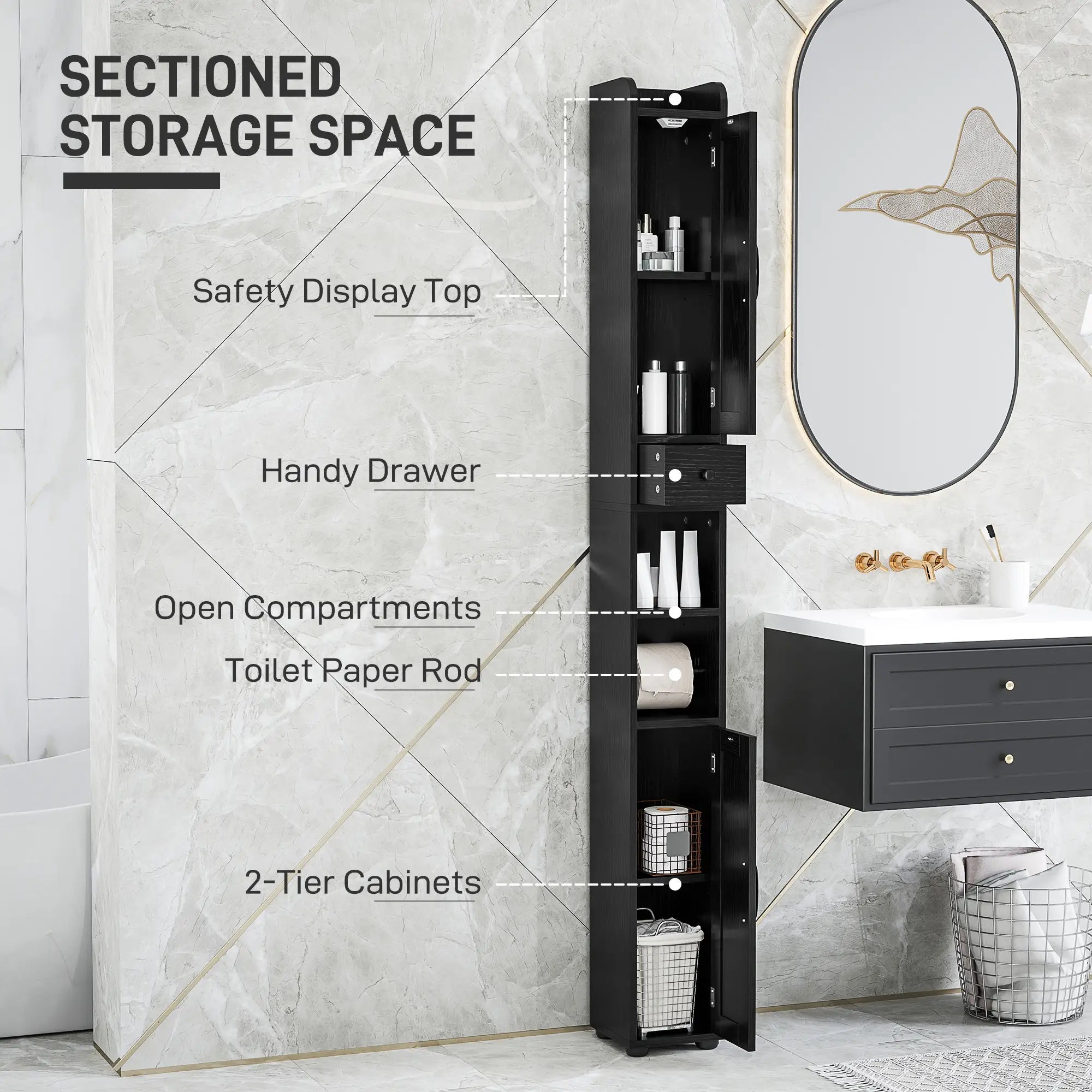 Narrow Bathroom Cabinet, Tall Storage with Barn Doors, Wood Grain, Black Bathroom Cabinets at Gallery Canada