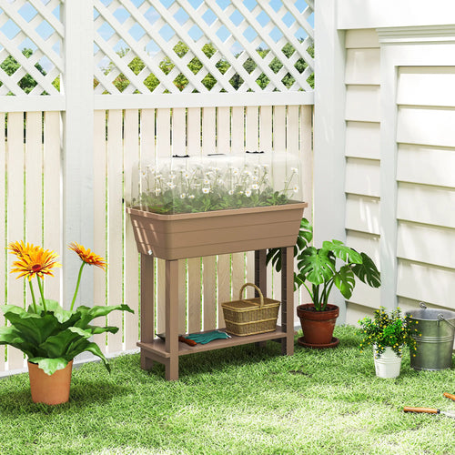 41L Self Watering Raised Garden Bed, Transparent Lid, Storage Shelf, Brown