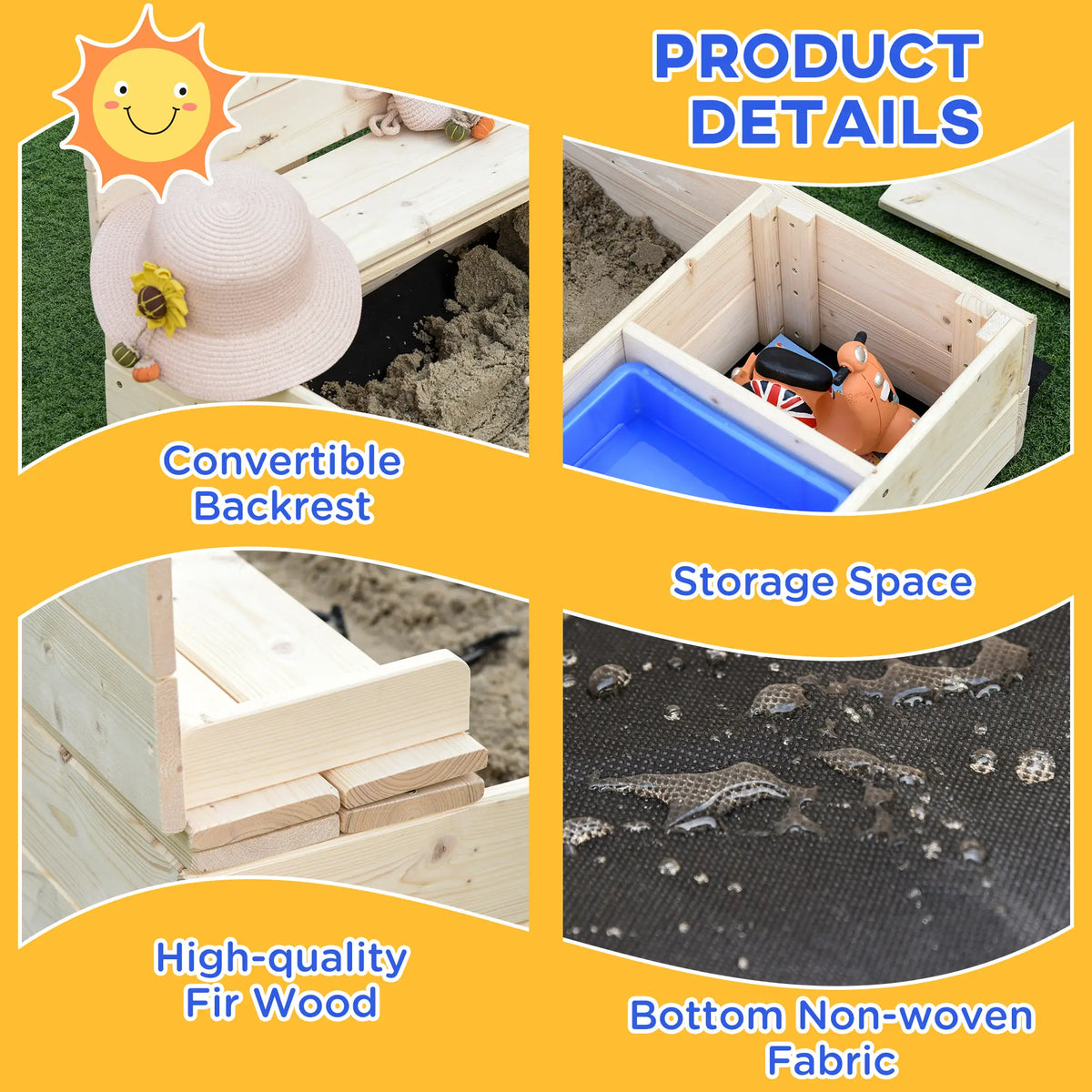 Kids Wooden Sandbox with Foldable Bench, 2 Plastic Boxes, Liner Sandboxes & Accessories at Gallery Canada