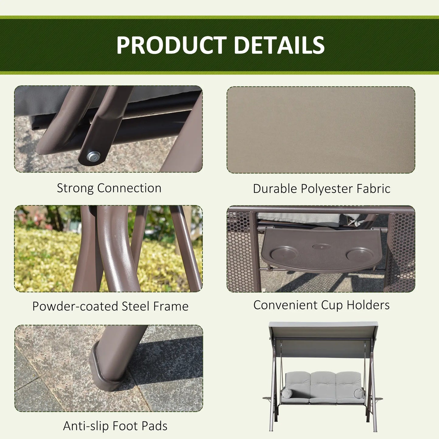 3-Person Steel Canopy Swing, Cushioned Seat, Light Grey Patio Swings with Stand at Gallery Canada