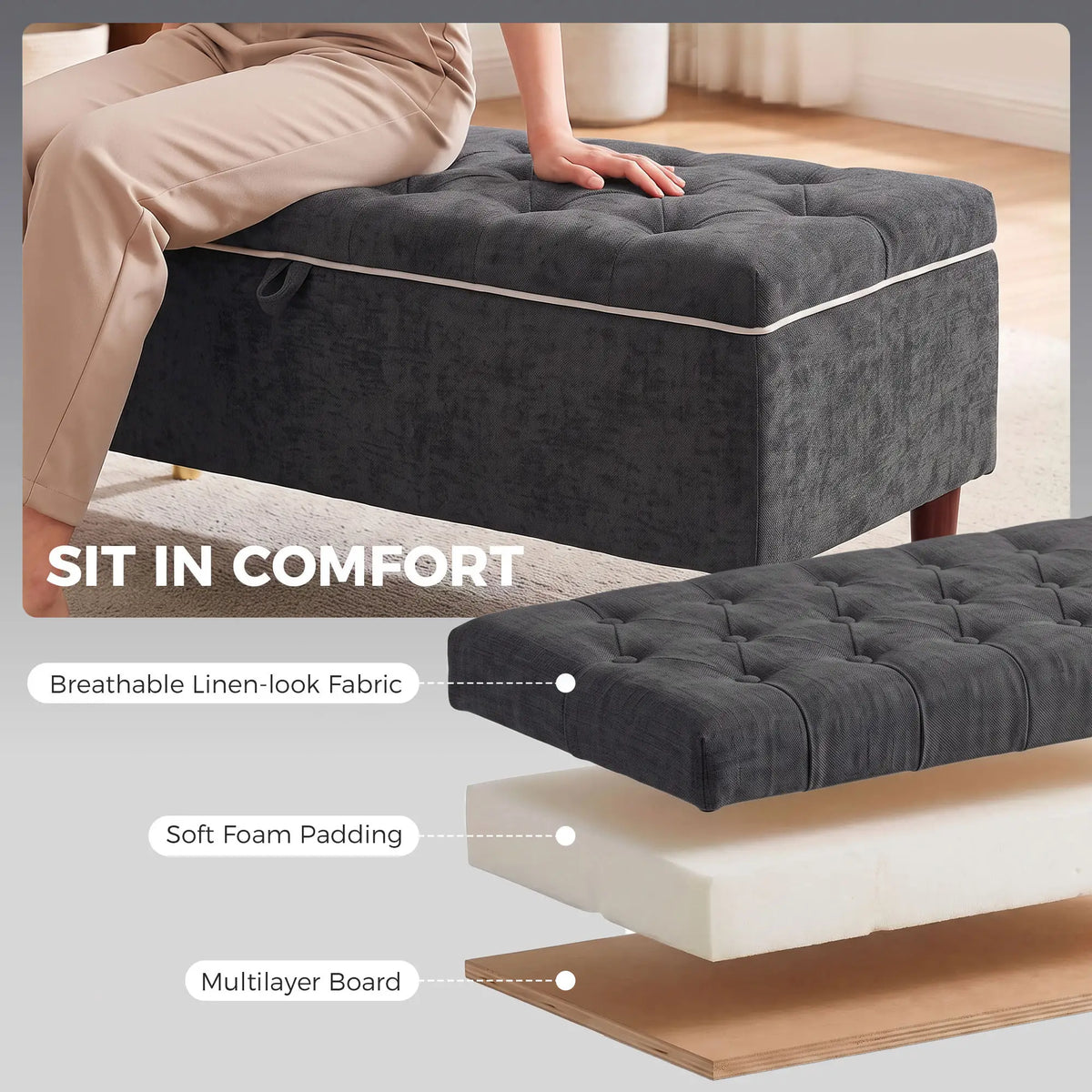 Upholstered Storage Ottoman Bench, 264 LBS Capacity, Dark Grey Storage Ottomans & Benches at Gallery Canada