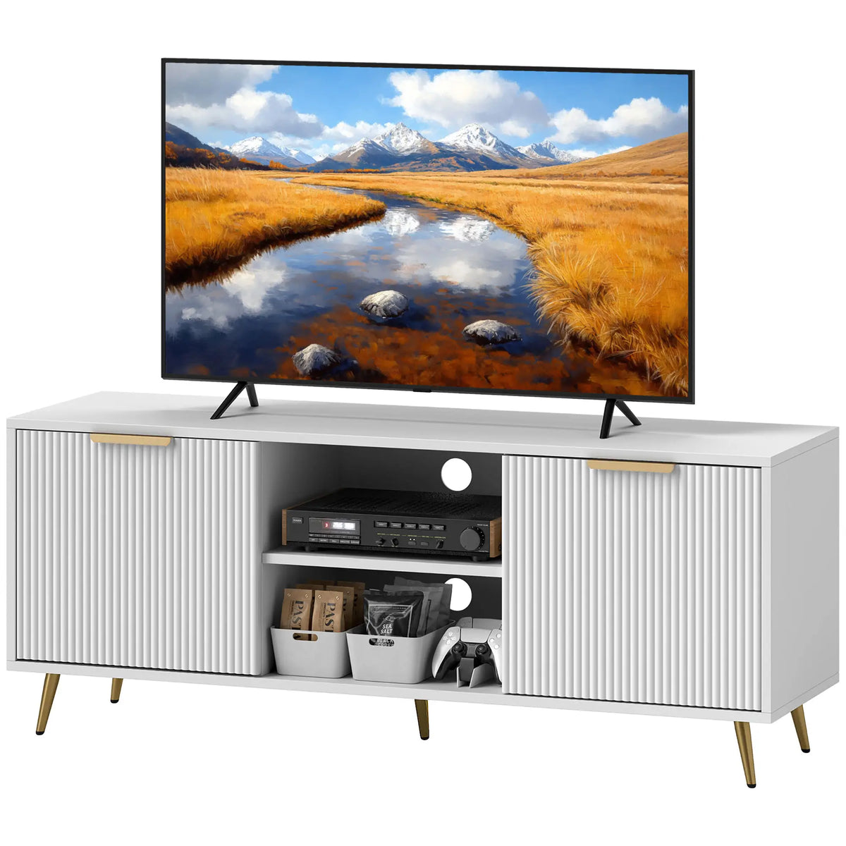 TV Stand for 55 Inch TV, Modern Cabinet with 2 Shelves, 2 Cabinets, White TV Stands White at Gallery Canada