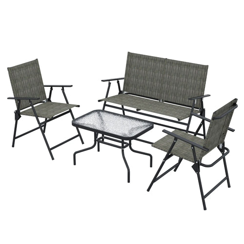 Outdoor 4-Piece Patio Set, 2 Foldable Armchairs, Loveseat, Glass Table, Brown