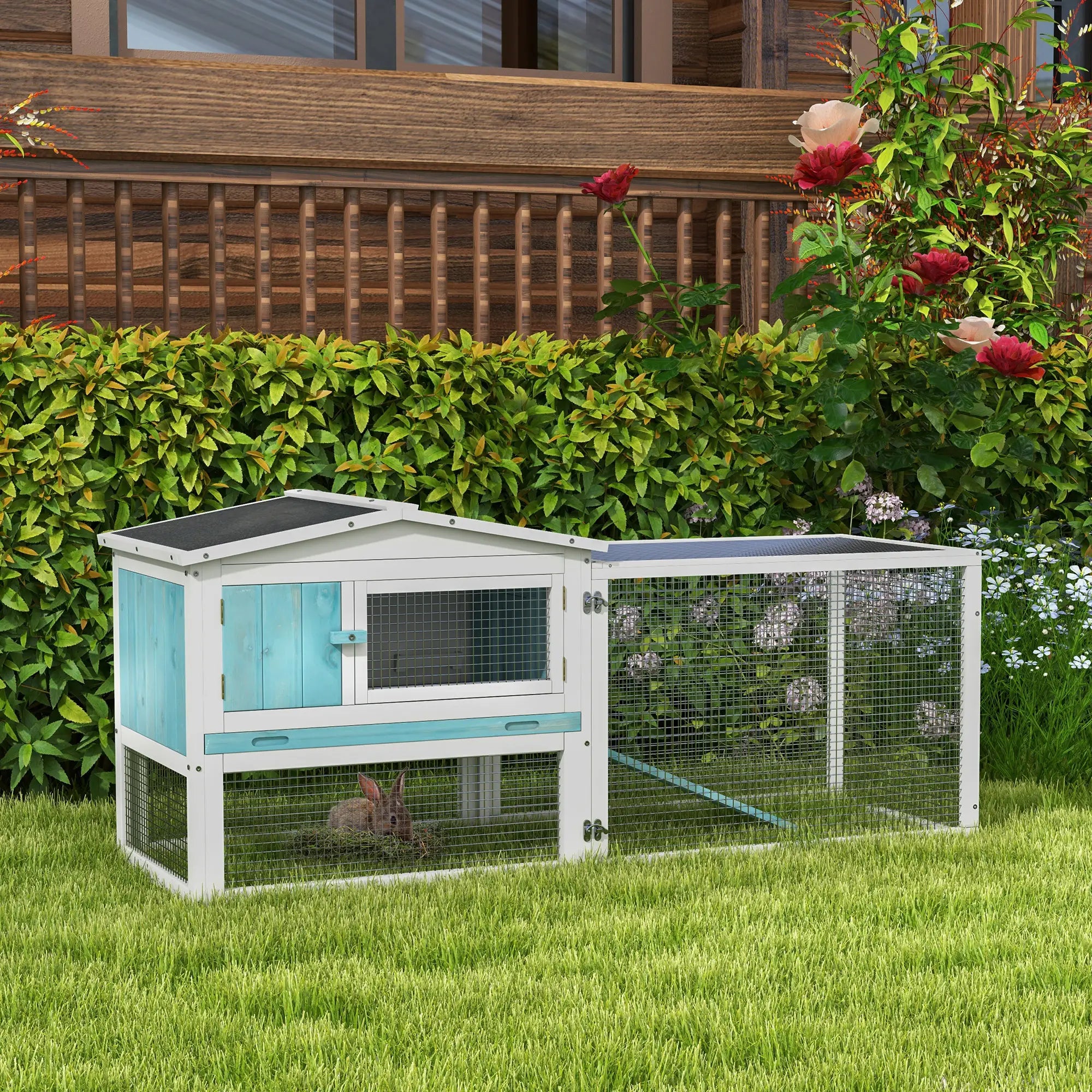 Wooden Rabbit Hutch, Guinea Pig House, Removable Tray, Openable Roof, Blue Rabbit Hutch at Gallery Canada