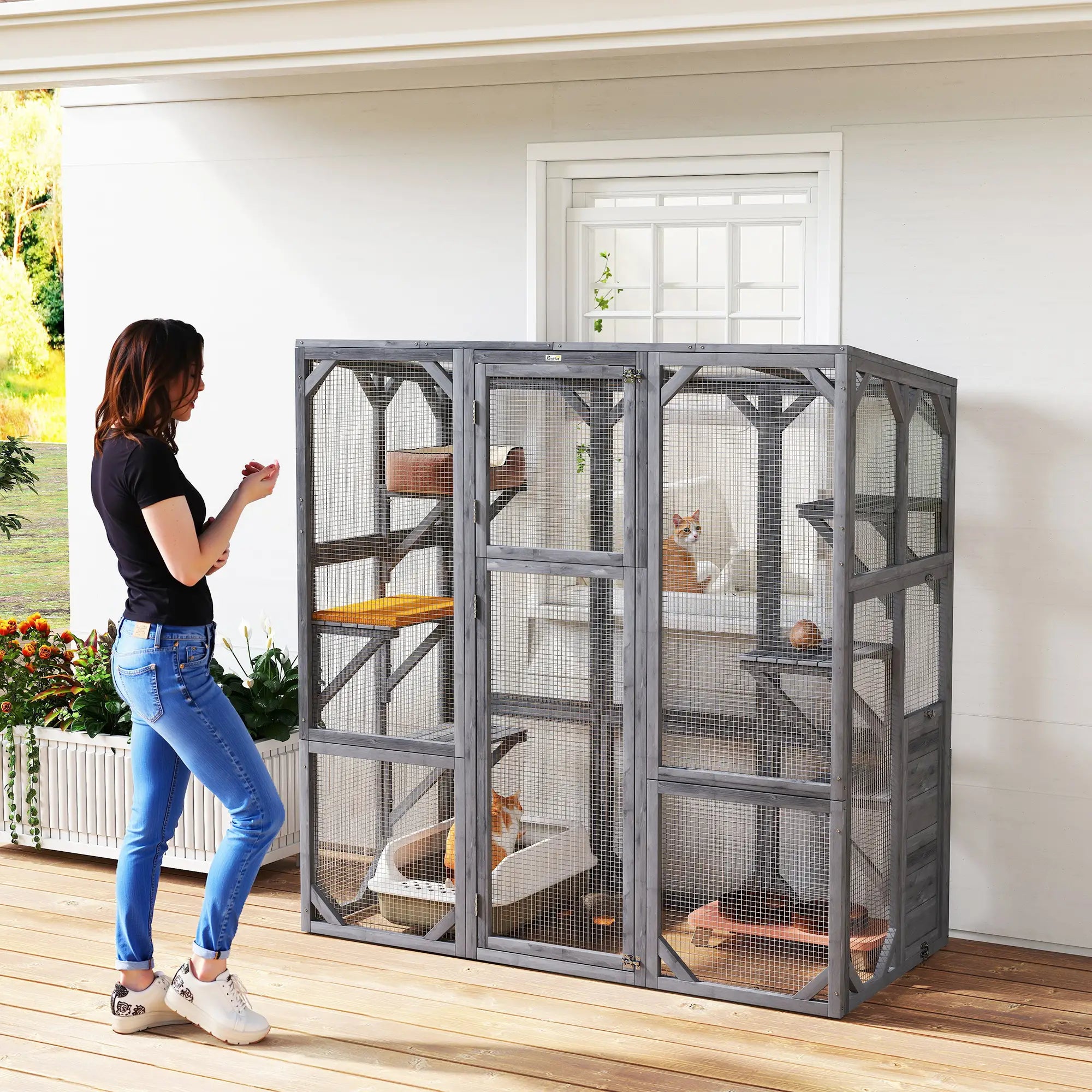 Outdoor Cat Enclosure, 6 Jumping Platforms, Weatherproof Roof, Large Door, 59