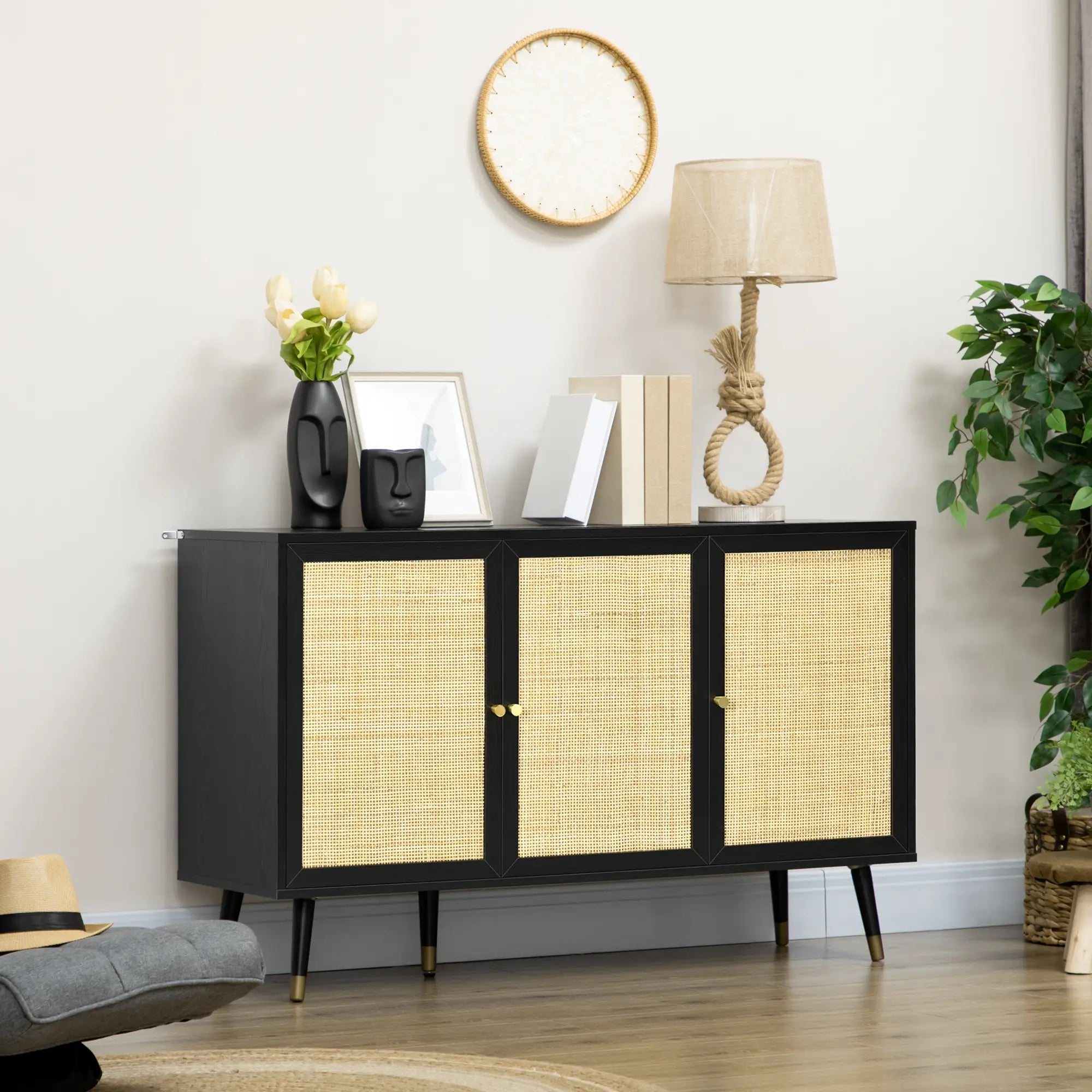 Kitchen Sideboard Cabinet, Boho Storage With Shelves, Wood Legs, Rattan Doors, Black Bar Cabinets at Gallery Canada
