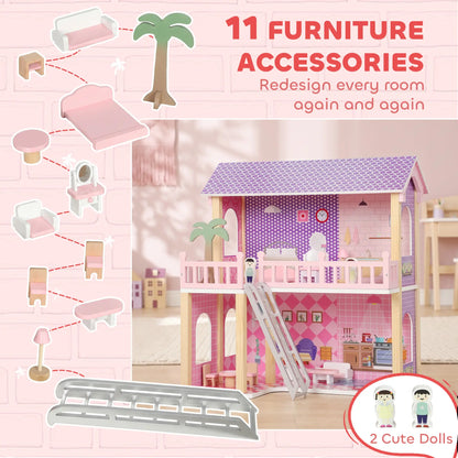 Qaba Wooden Doll House for Girls with 5 Rooms, Dolls, Furniture, DIY Pretend Dollhouse Playset, Gift for Kids Ages 3-6, Pink Play Houses at Gallery Canada