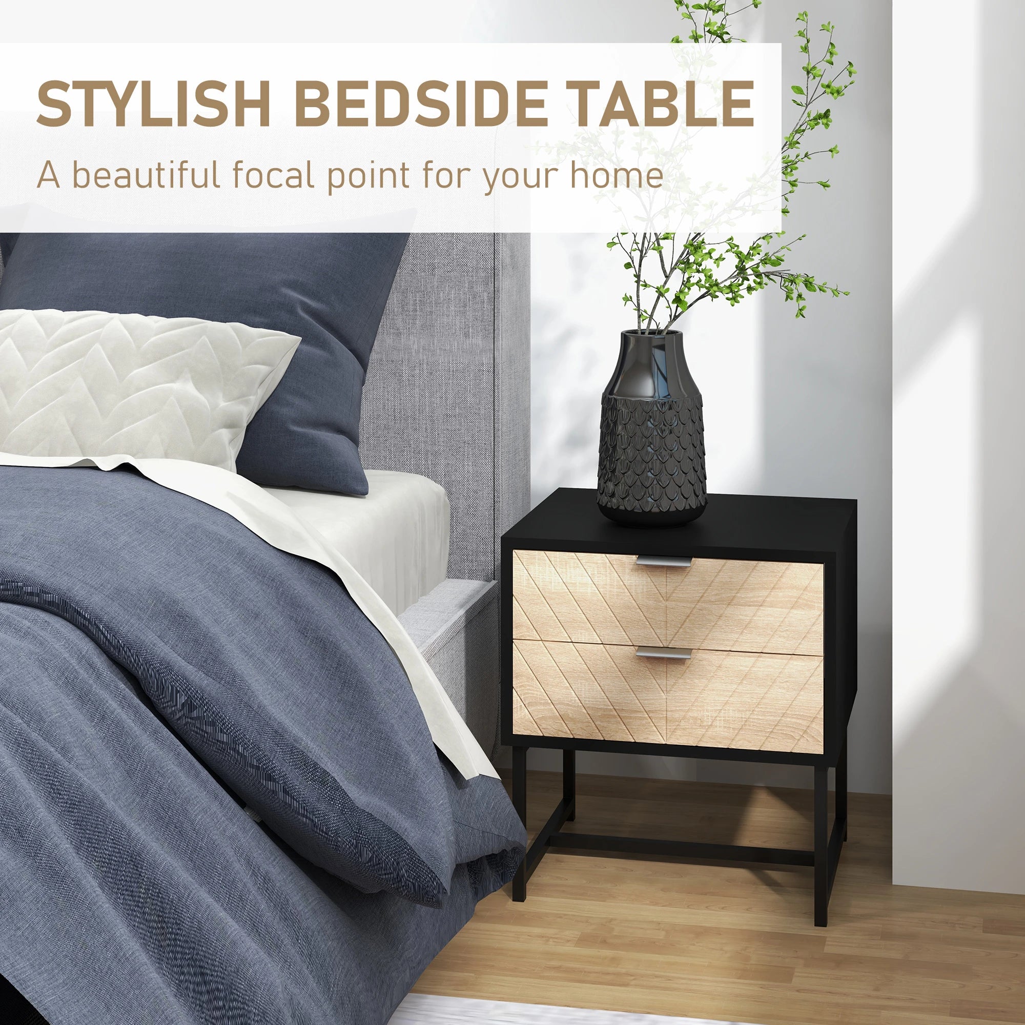Modern Bedside Table, 2 Drawers, Steel Frame, Oak, Black Bedside Tables at Gallery Canada