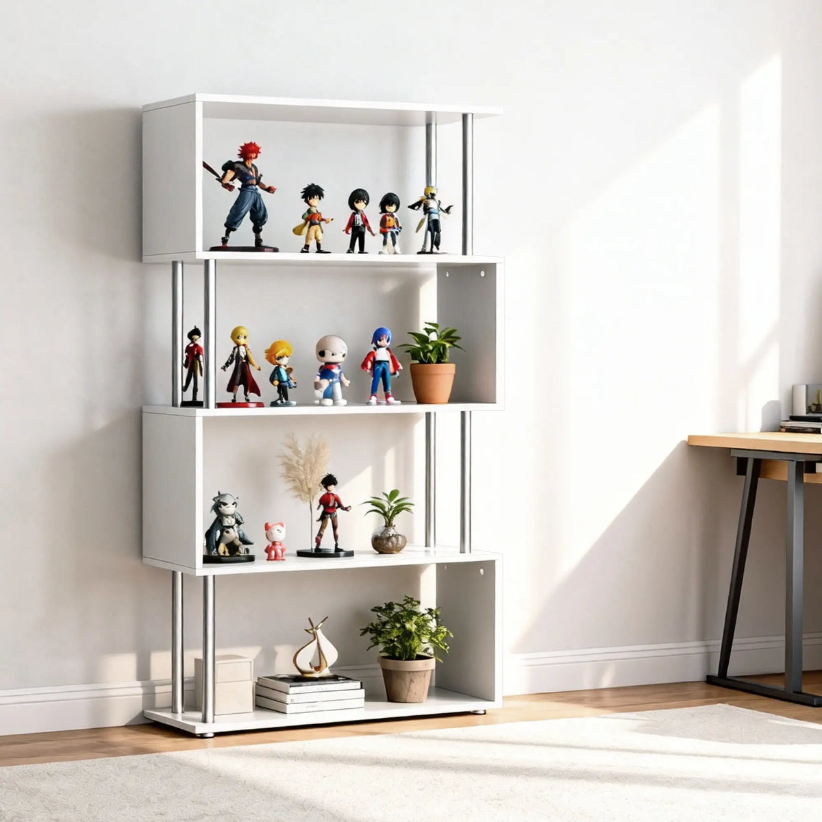 5-Tier Geometric Wooden Bookcase, S-Shaped Storage, White Display Bookshelves at Gallery Canada