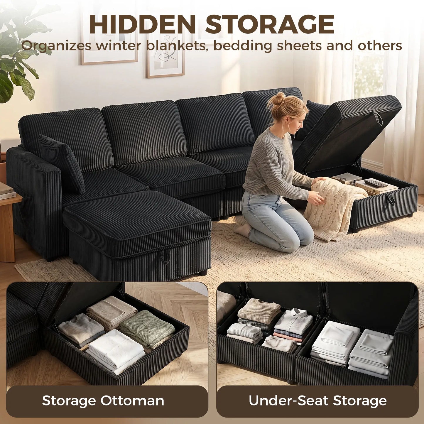Canapé modulaire en velours côtelé en forme de U, pouf de rangement double, 4 coussins, gris foncé