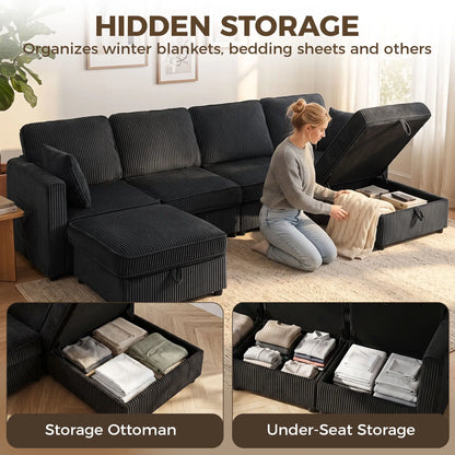 Canapé modulaire en velours côtelé en forme de U, pouf de rangement double, 4 coussins, gris foncé
