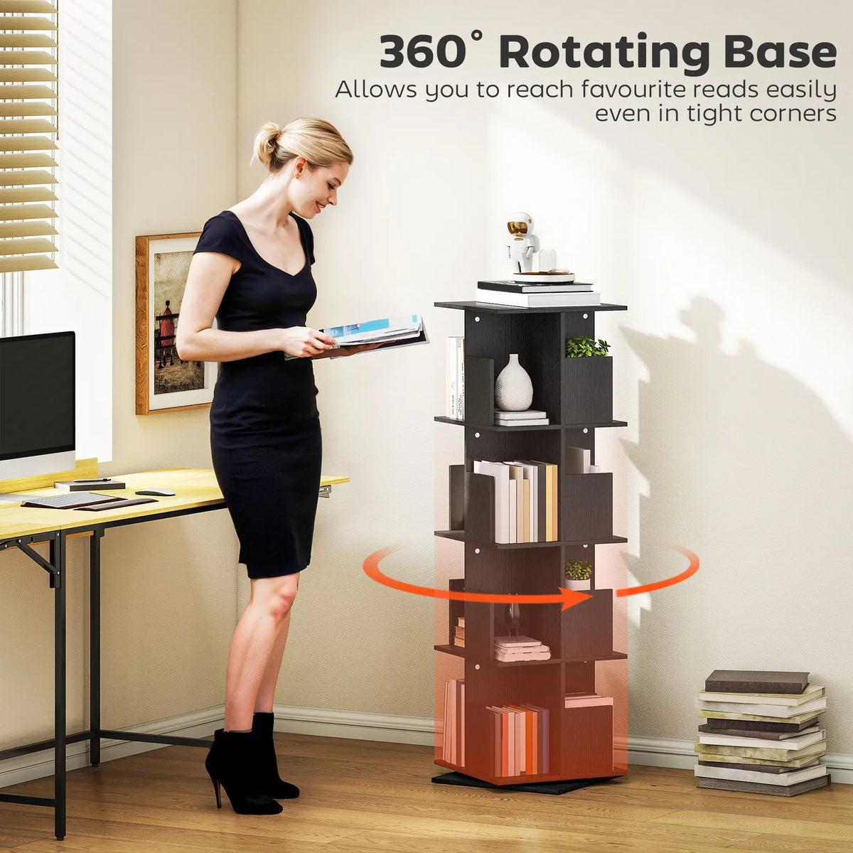 360° Rotating Bookcase, 4 Tier Bookshelf with 16 Cubbies, Black Wood Grain, Black Display Bookshelves at Gallery Canada