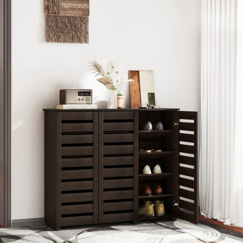 Narrow Shoe Cabinet, Slatted Doors, Adjustable Shelves, 20 Pairs, Dark Brown