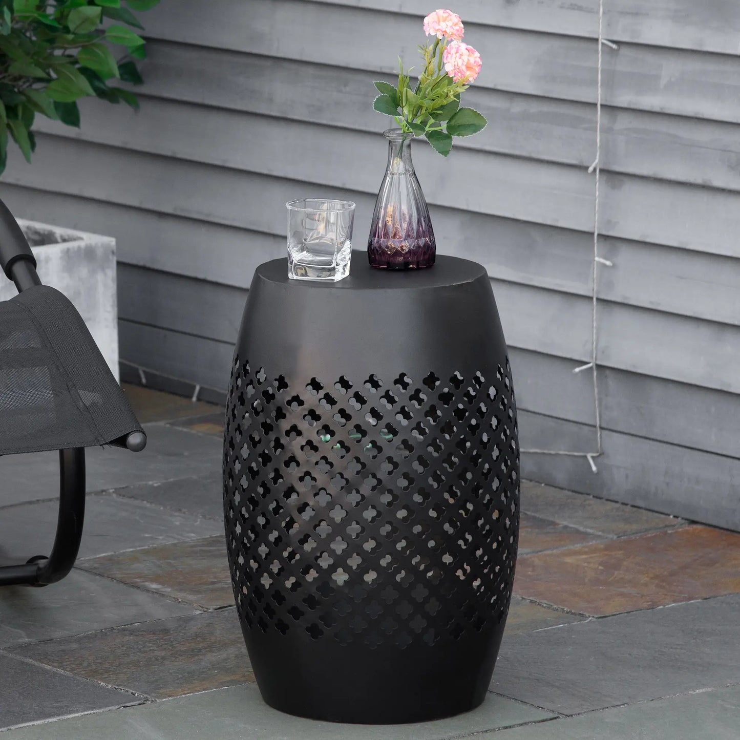 12.5" Steel Round Hollow Drum Side Table, Indoor Outdoor, Black Patio Side Tables at Gallery Canada