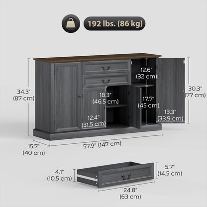 Farmhouse Sideboard with Charging Station, 58 Inch Buffet Cabinet, 2 Soft Close Drawers, Black Storage Cabinets at Gallery Canada