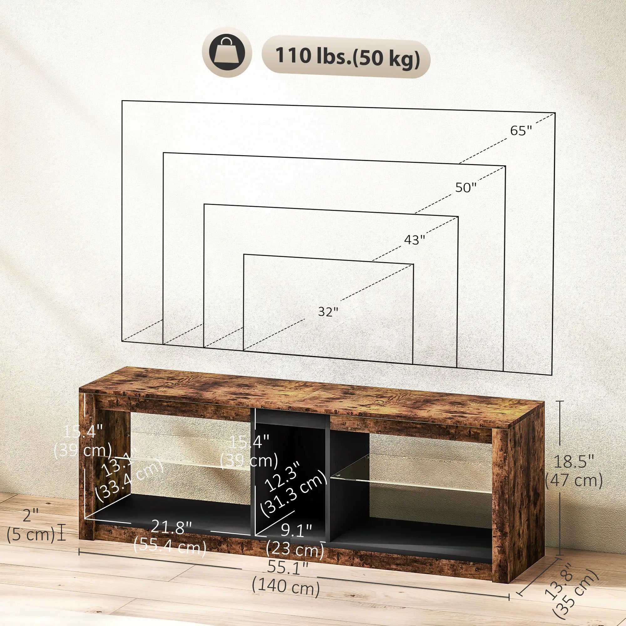 TV Stand Cabinet With LED Lights, Remote, Shelves, Rustic Brown TV Stands at Gallery Canada