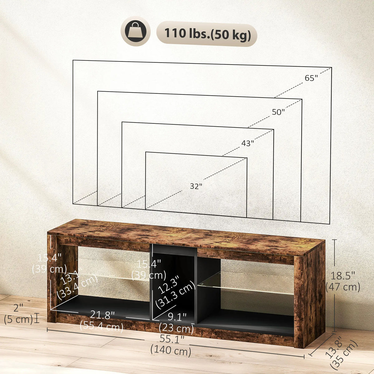 TV Stand Cabinet With LED Lights, Remote, Shelves, Rustic Brown TV Stands at Gallery Canada