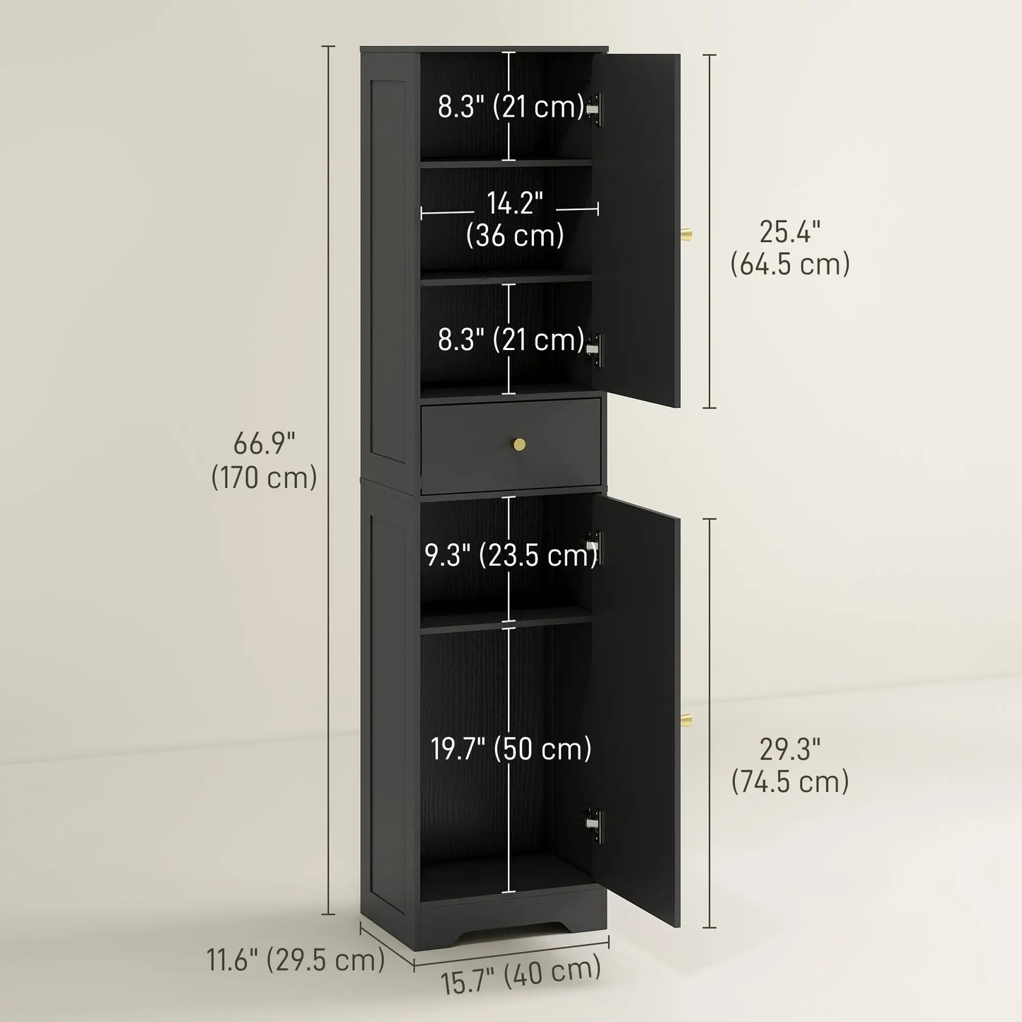 67" Tall Bathroom Cabinet, 2 Doors, Drawer, Adjustable Shelf, Black Wood Grain, Black Freestanding Bathroom Cabinets at Gallery Canada