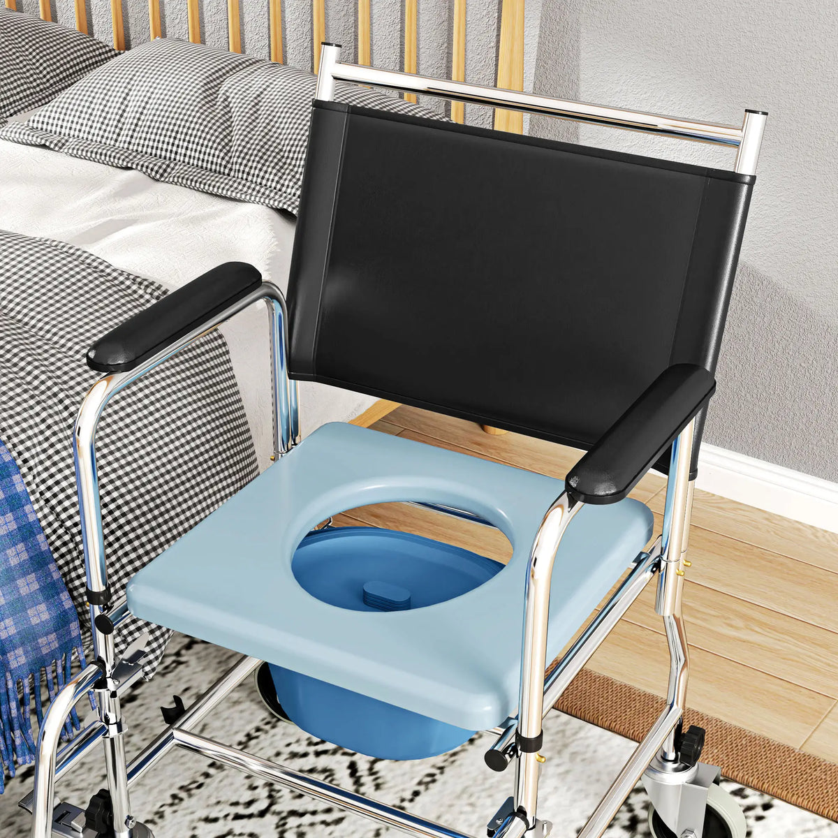 Rolling Shower Chair, Bedside Commode Wheelchair, Padded Seat, 300 lbs, Black Bath Chairs at Gallery Canada