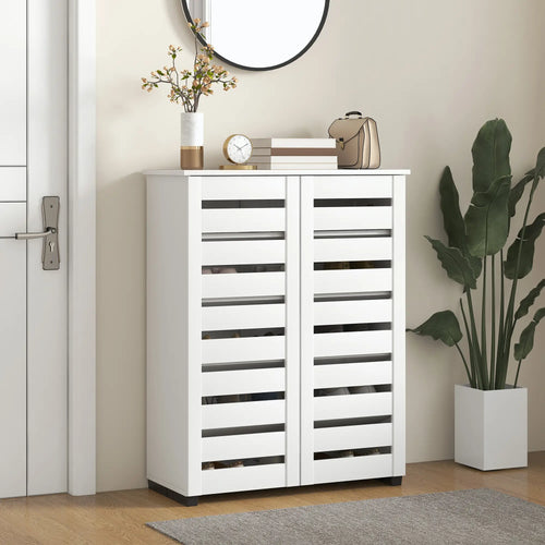 Shoe Storage Cabinet, 2 Slatted Doors, Holds 15 Pairs, White