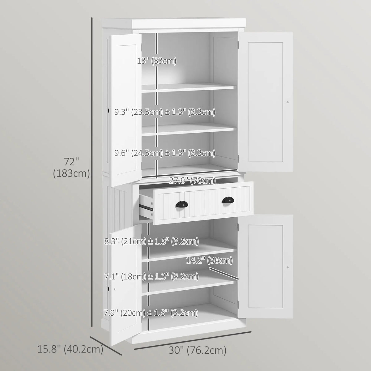 72" Kitchen Pantry, Freestanding Storage Cabinet, White Kitchen Pantry Cabinets at Gallery Canada