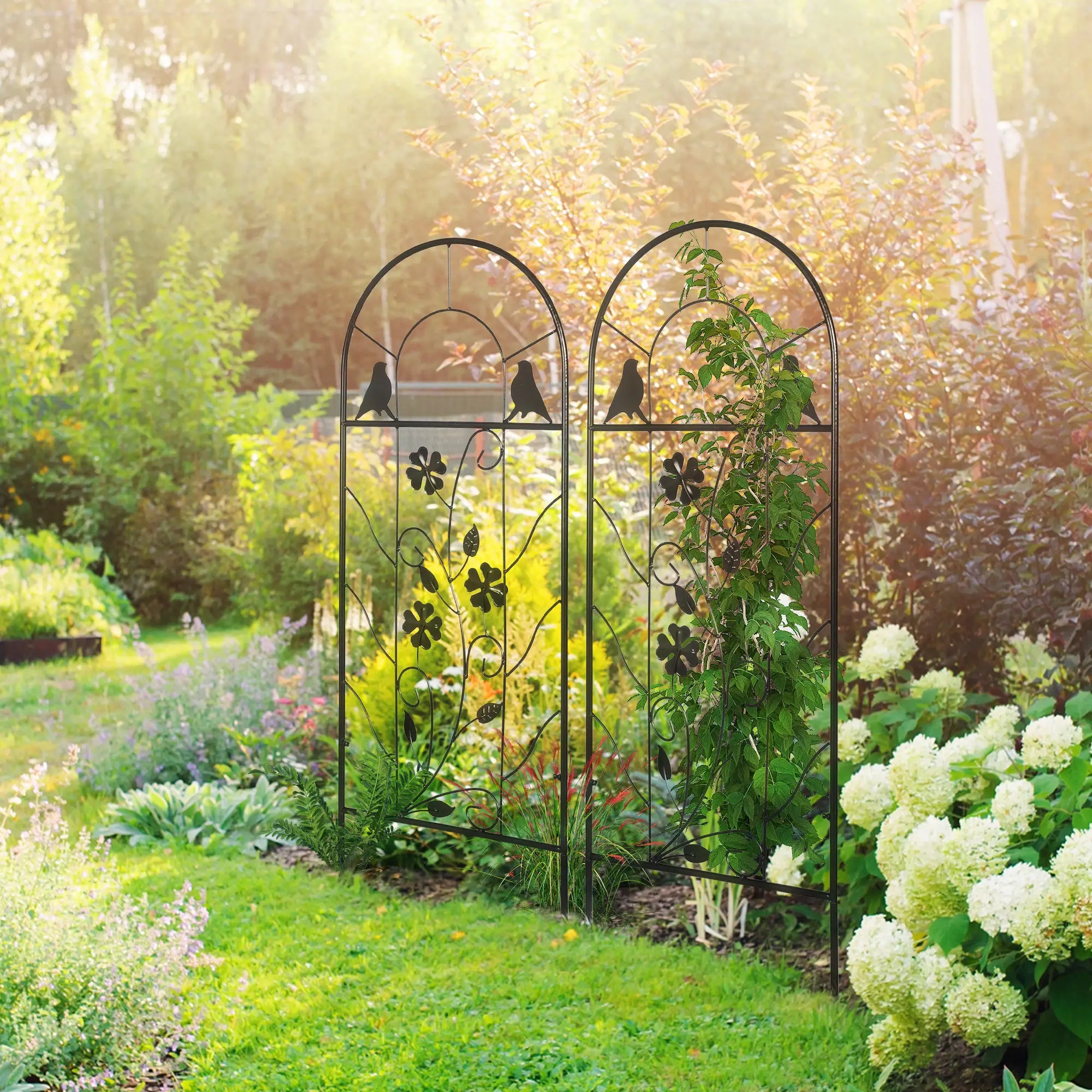 2 Pack Metal Garden Trellis, Birds and Leaves Grid Panels, 39