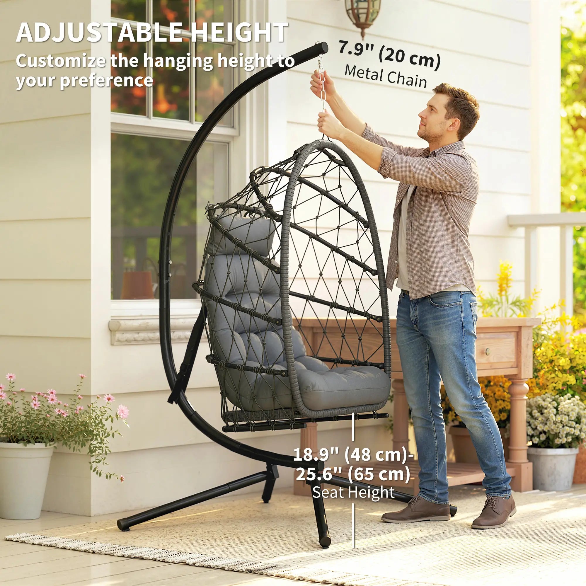 Hanging Egg Chair, Foldable Wicker Rattan Swing, Grey Patio Swings with Stand at Gallery Canada
