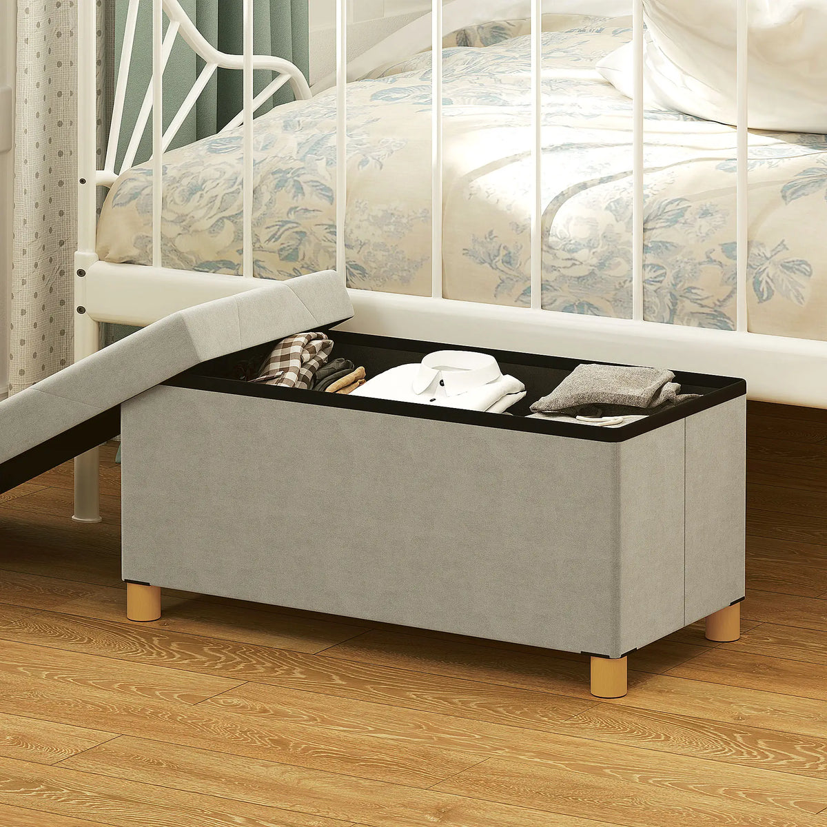 Velvet Upholstered Foldable Storage Ottoman Bench, Wood Legs Storage Ottomans & Benches at Gallery Canada