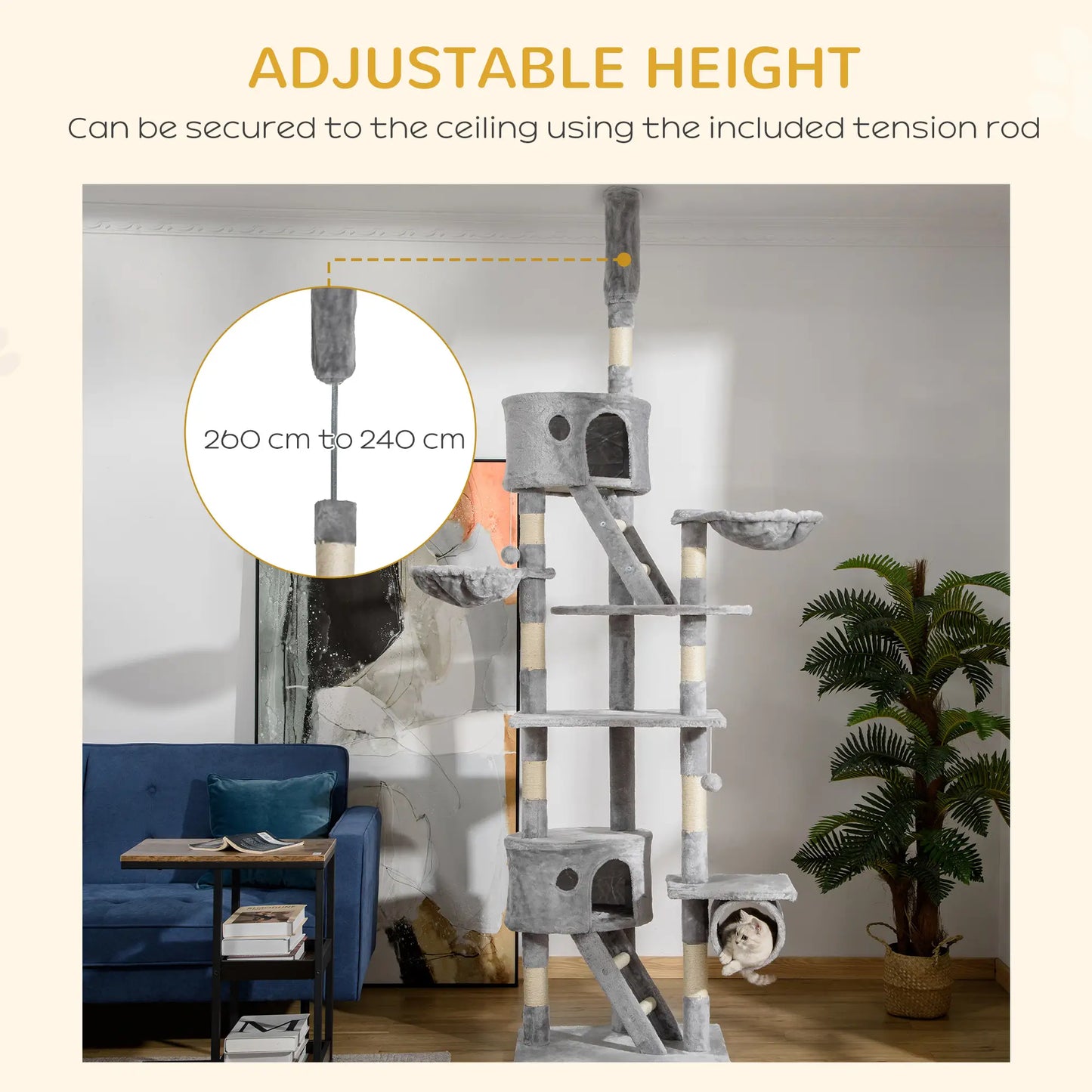 94"-102" Cat Tree, Ceiling High Condo, Scratching Post, Multi-Level Play House, Light Grey Floor to Ceiling Cat Trees at Gallery Canada