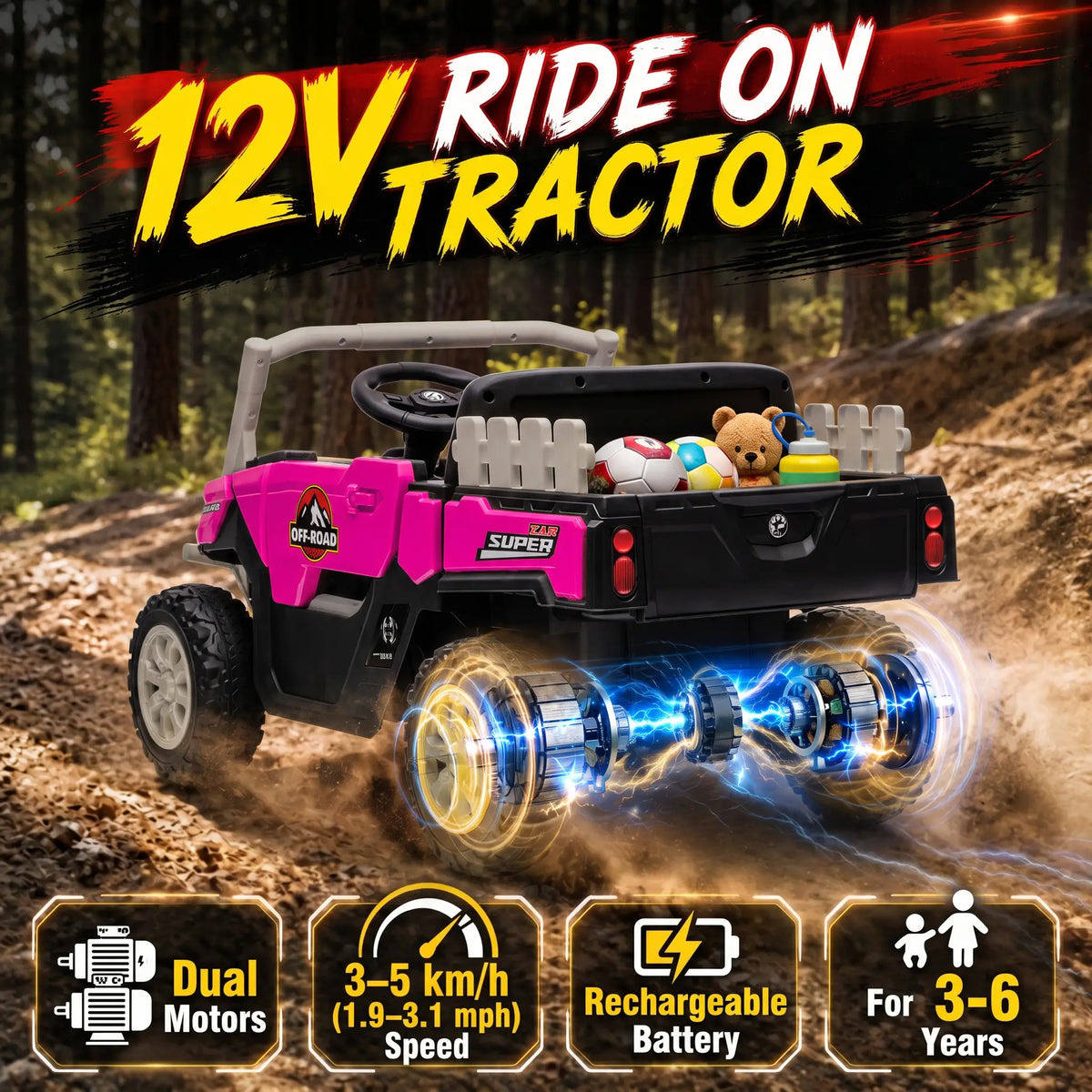 12V Kids Ride On Tractor, Remote Control, Dual Motors, Pink Electric Toy Cars at Gallery Canada