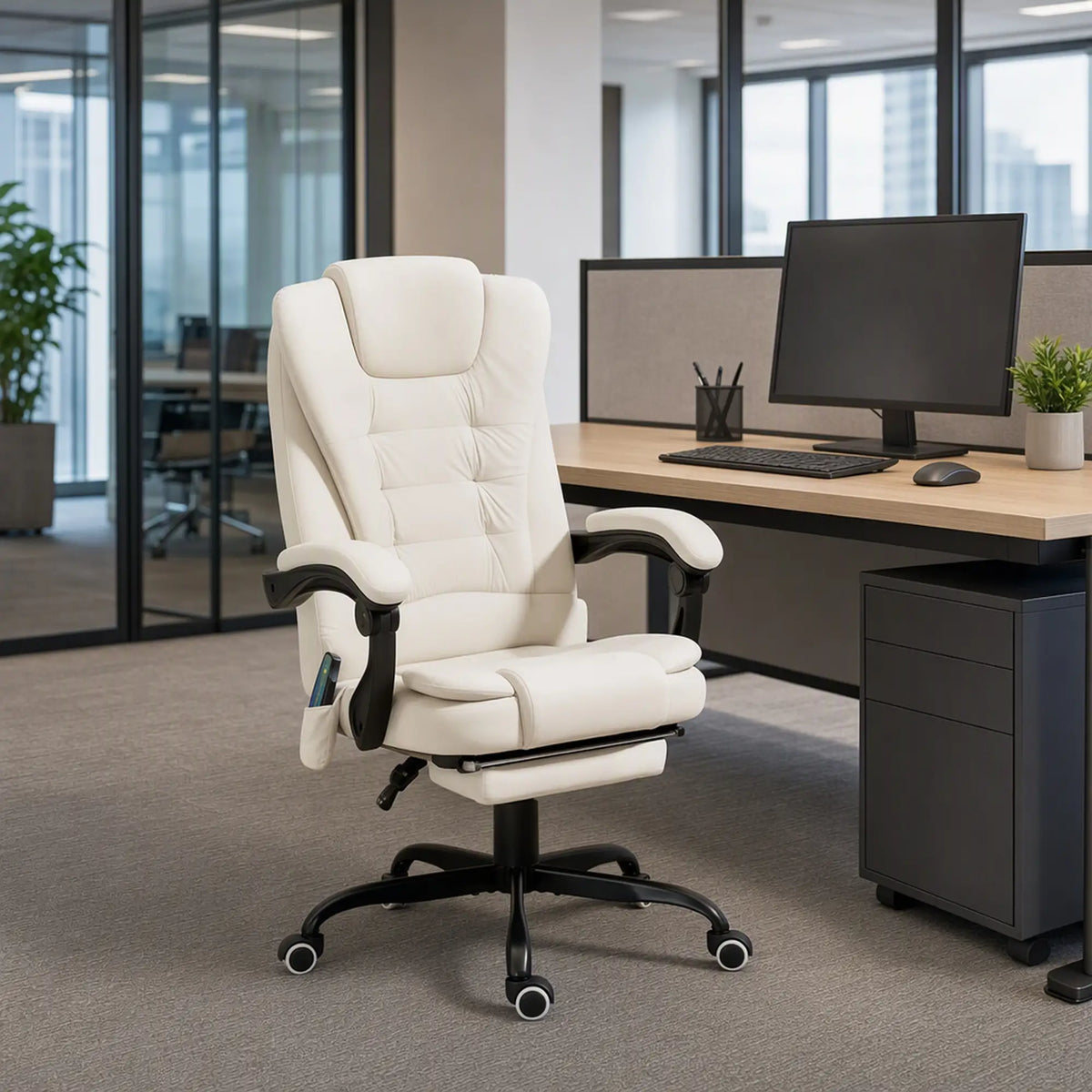 7-Point Vibrating Massage Chair, Reclining Office Chair with Footrest, Beige Massage Chairs at Gallery Canada