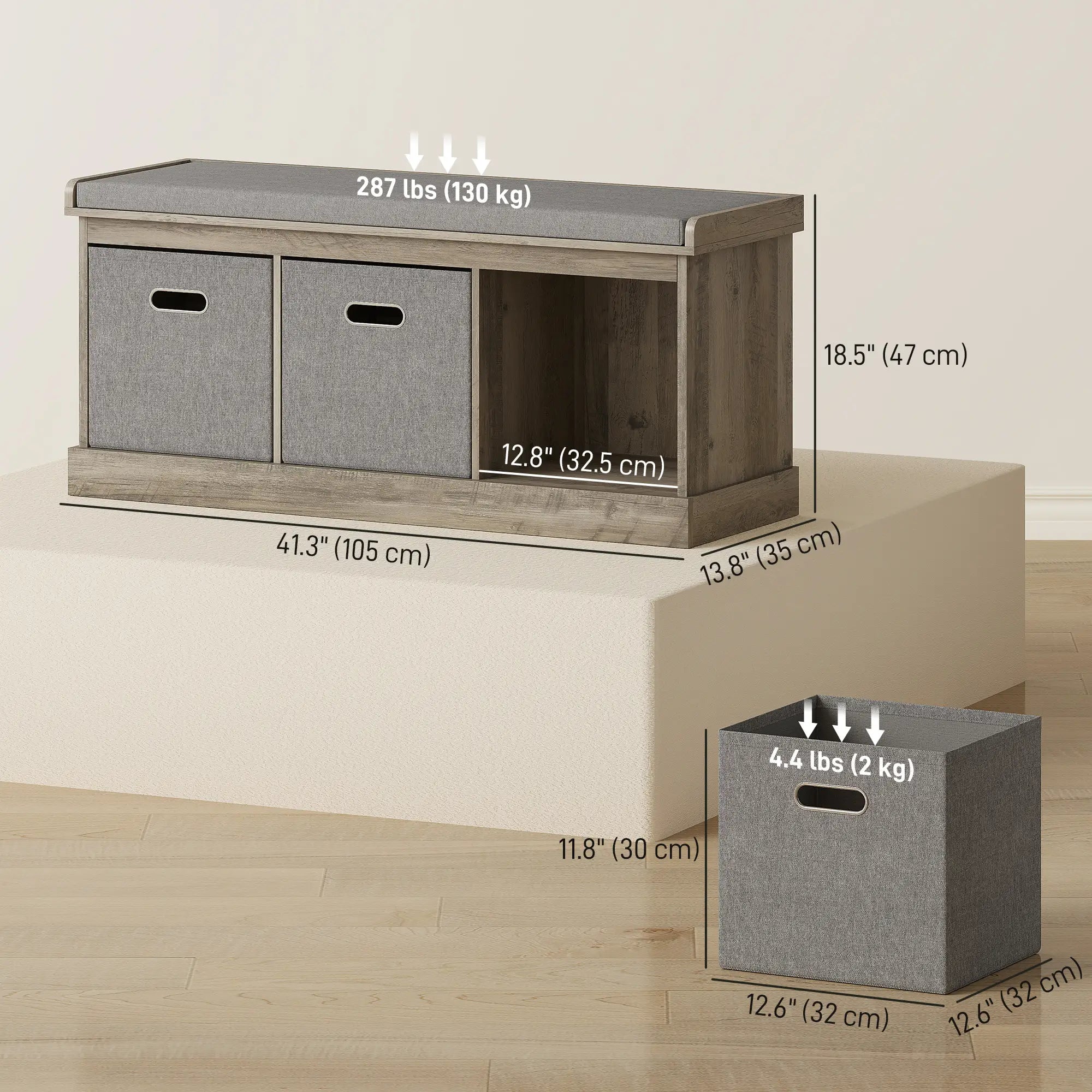 Shoe Storage Bench with Seat, 3 Fabric Drawers, Washed Grey Shoe Storage Cabinets & Racks at Gallery Canada