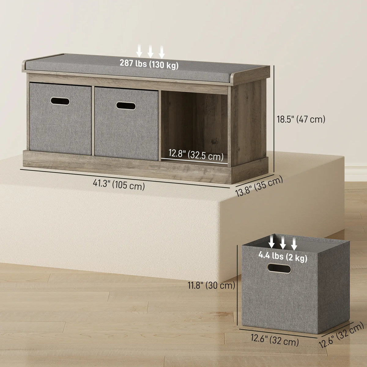 Shoe Storage Bench with Seat, 3 Fabric Drawers, Washed Grey Shoe Storage Cabinets & Racks at Gallery Canada