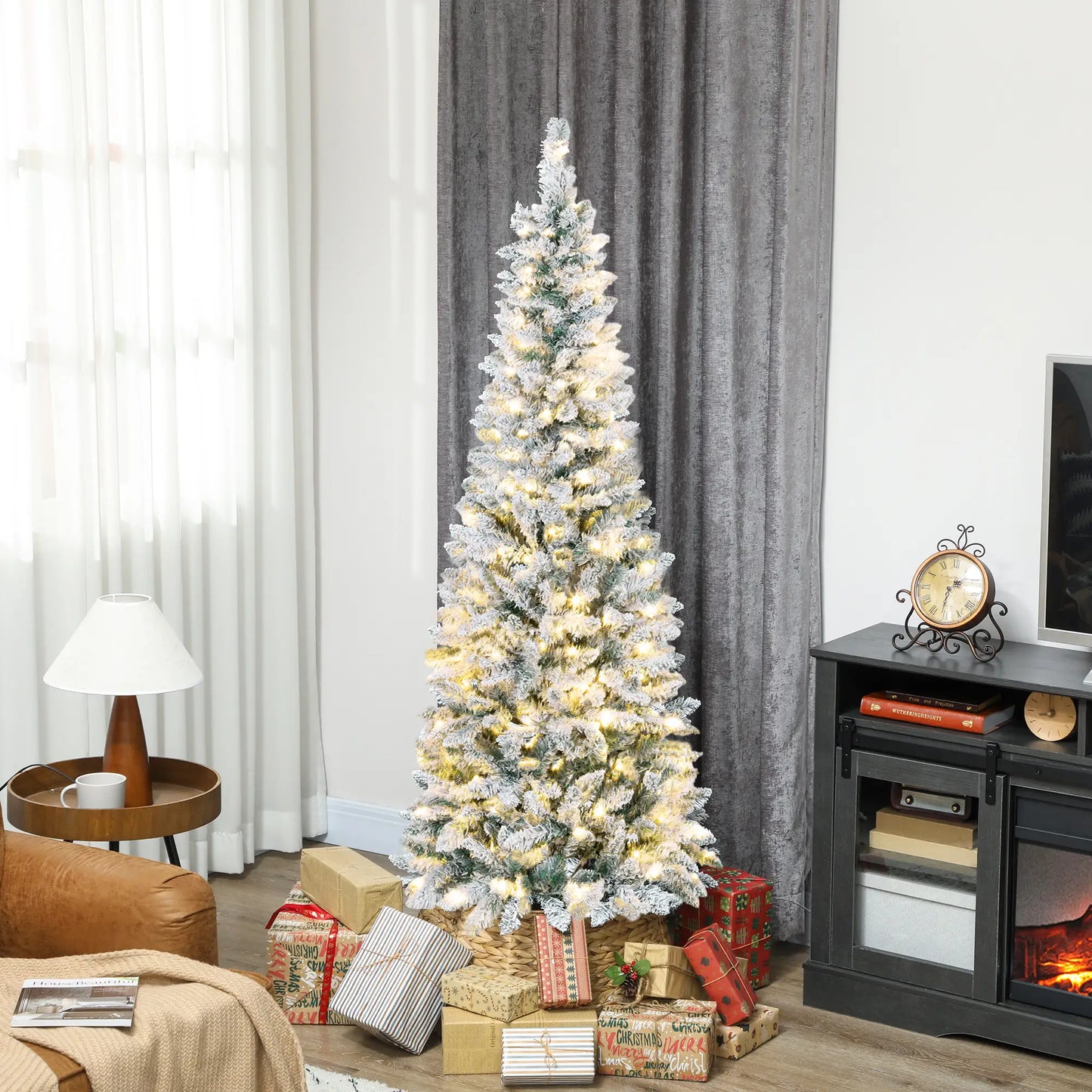 6ft Flocked Christmas Tree, Dual Colour LED Light, 11 Modes, Easy Assembly, Dual Colour Flocked Christmas Trees at Gallery Canada